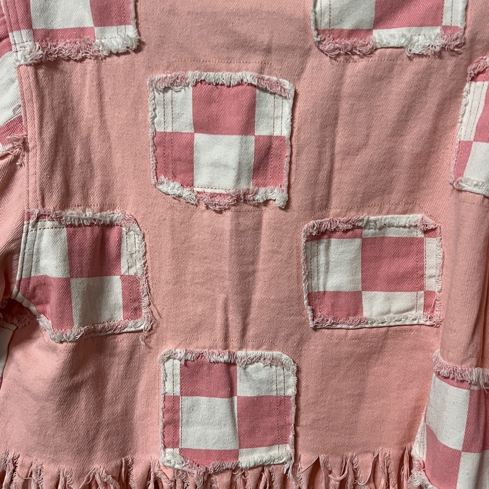 Pol Pink and White Checkered Fringe Jean Jacket - Picture 6 of 6